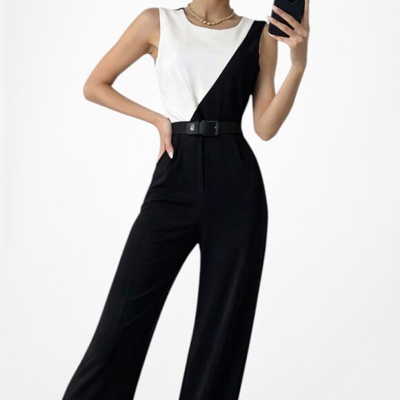 American Vintage Pants - Vintage Y2K Black White Colorblock Sleeveless Wide Leg Waist Tie Jumpsuit Size M